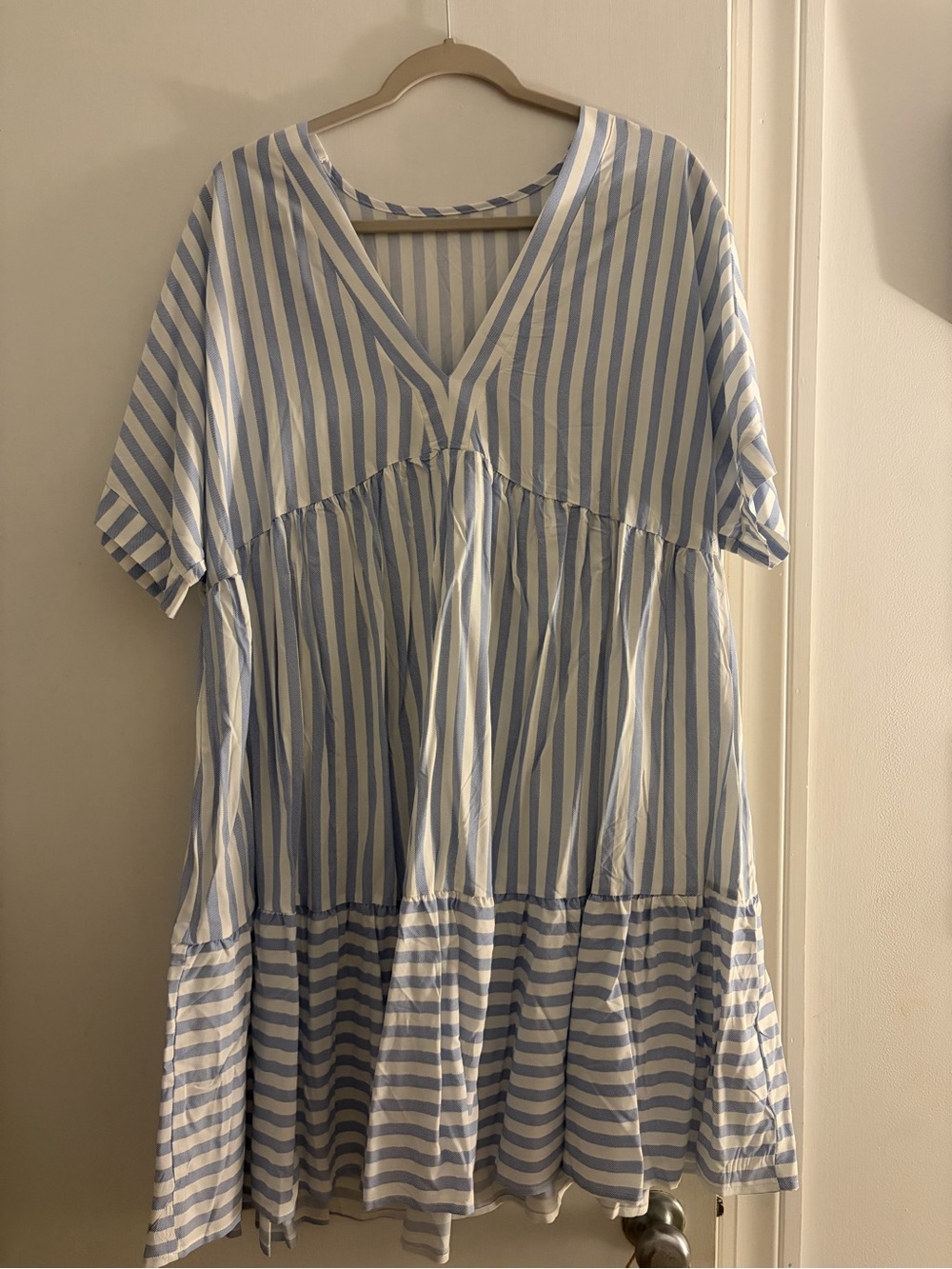 SHEIN Blue and White Striped V-Neck Tiered Dress